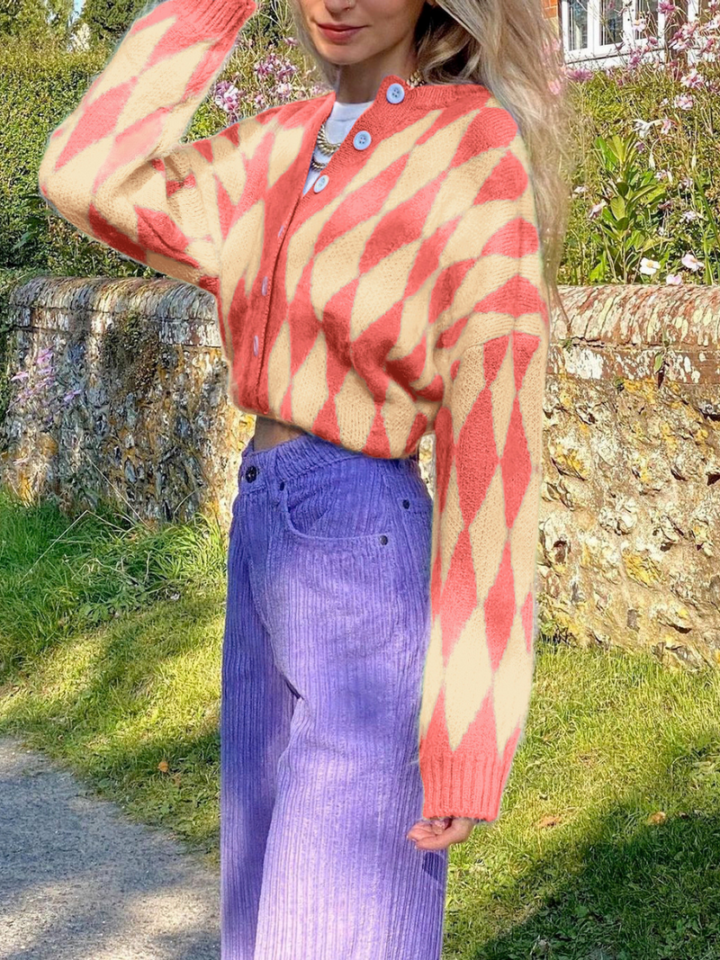 Doll | Felise Chess Patterned Knit Cardigan - Orange
