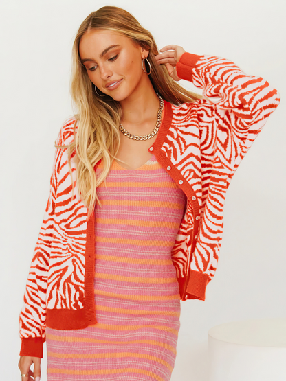 | Tiger Year Animal Patterned Knit Cardigan - Orange