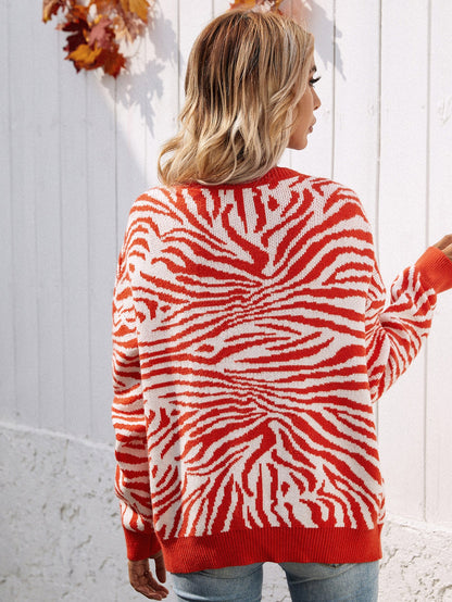 | Tiger Year Animal Patterned Knit Cardigan - Orange