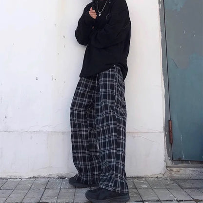 Oversize Pants Sweatpants Summer Black Plaid Pants Elastic Waist Pockets Student Trousers