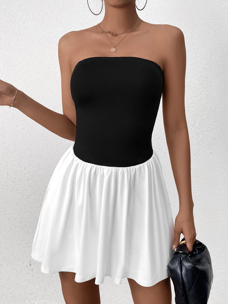 Patchwork Contrast Tube Mini Dress
