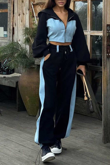 Patchwork Hooded Zipper Crop Top Pants Set