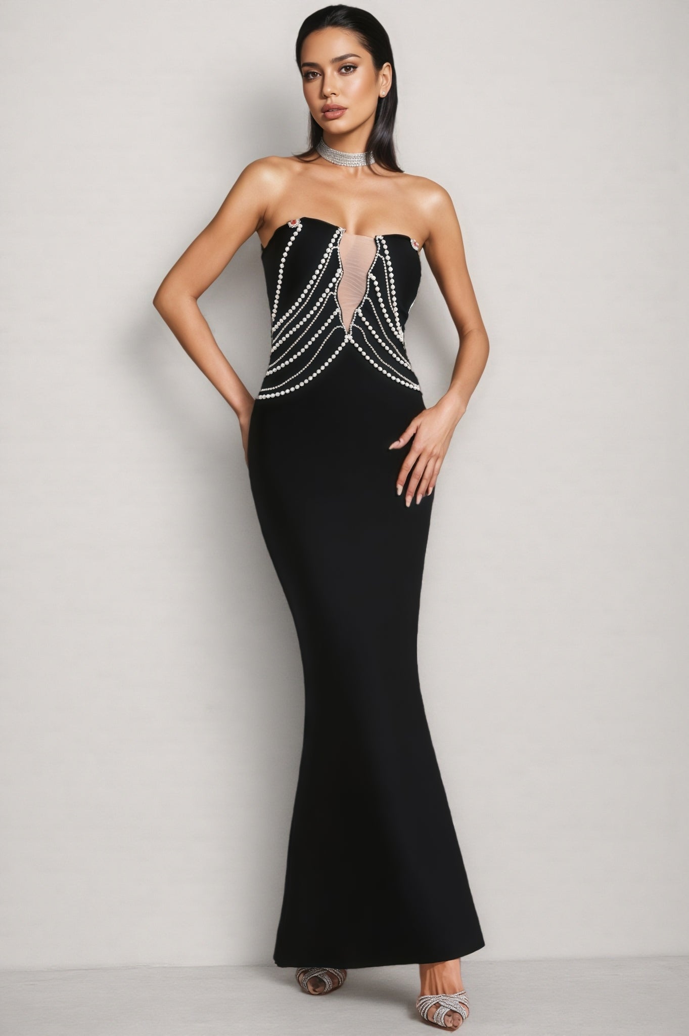 Vaughn Black Pearls Off Shoulder Maxi Dress