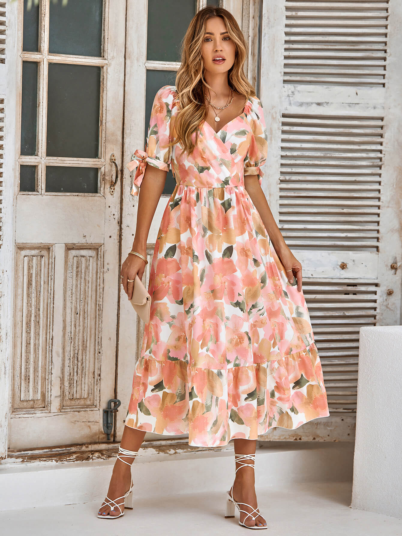 Tanya Painting Short Sleeve Maxi Dress - Peach