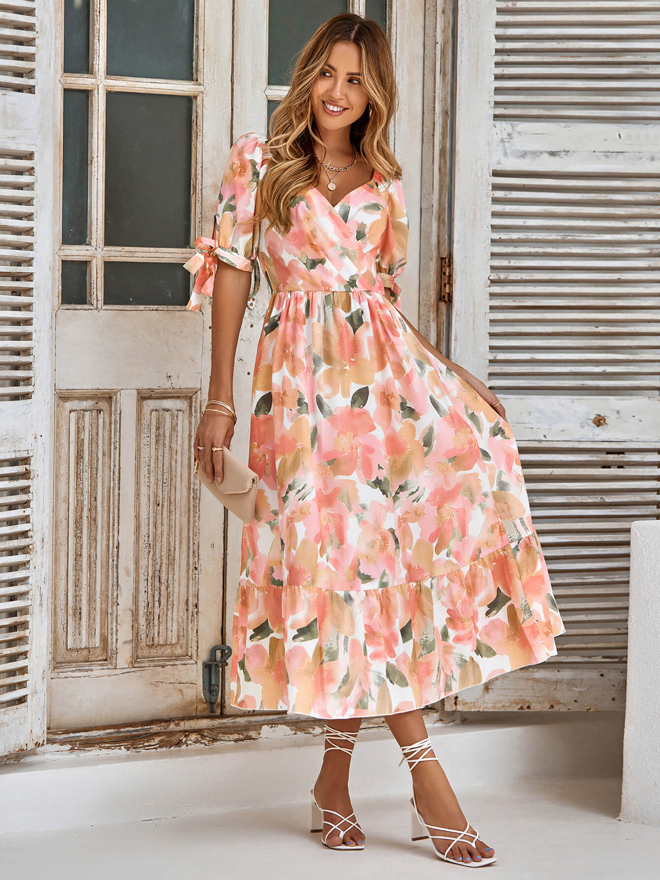 Tanya Painting Short Sleeve Maxi Dress - Peach