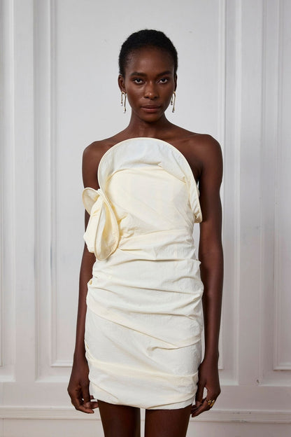 Pearl Twist Ruch Off Shoulder Mini Dress in White