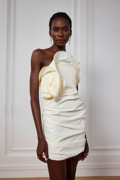 Pearl Twist Ruch Off Shoulder Mini Dress in White
