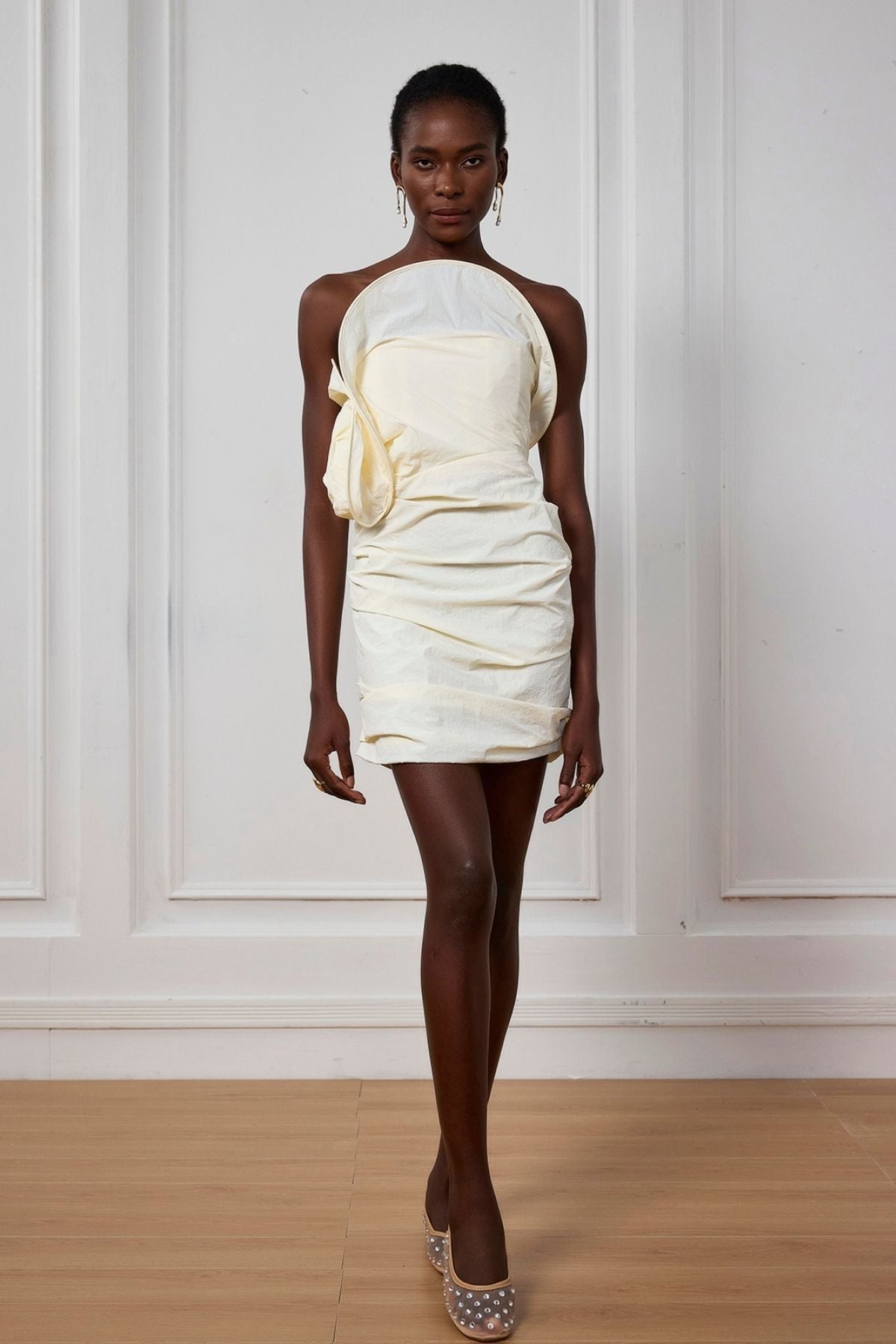 Pearl Twist Ruch Off Shoulder Mini Dress in White