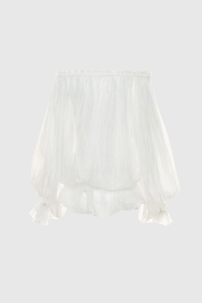 Pineda Off Shoulder Ruched Ruffle Blouse - White