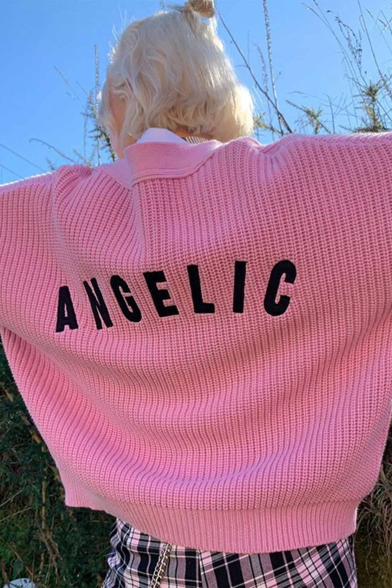 Pink Letters Embroidery Button-front Cardigan