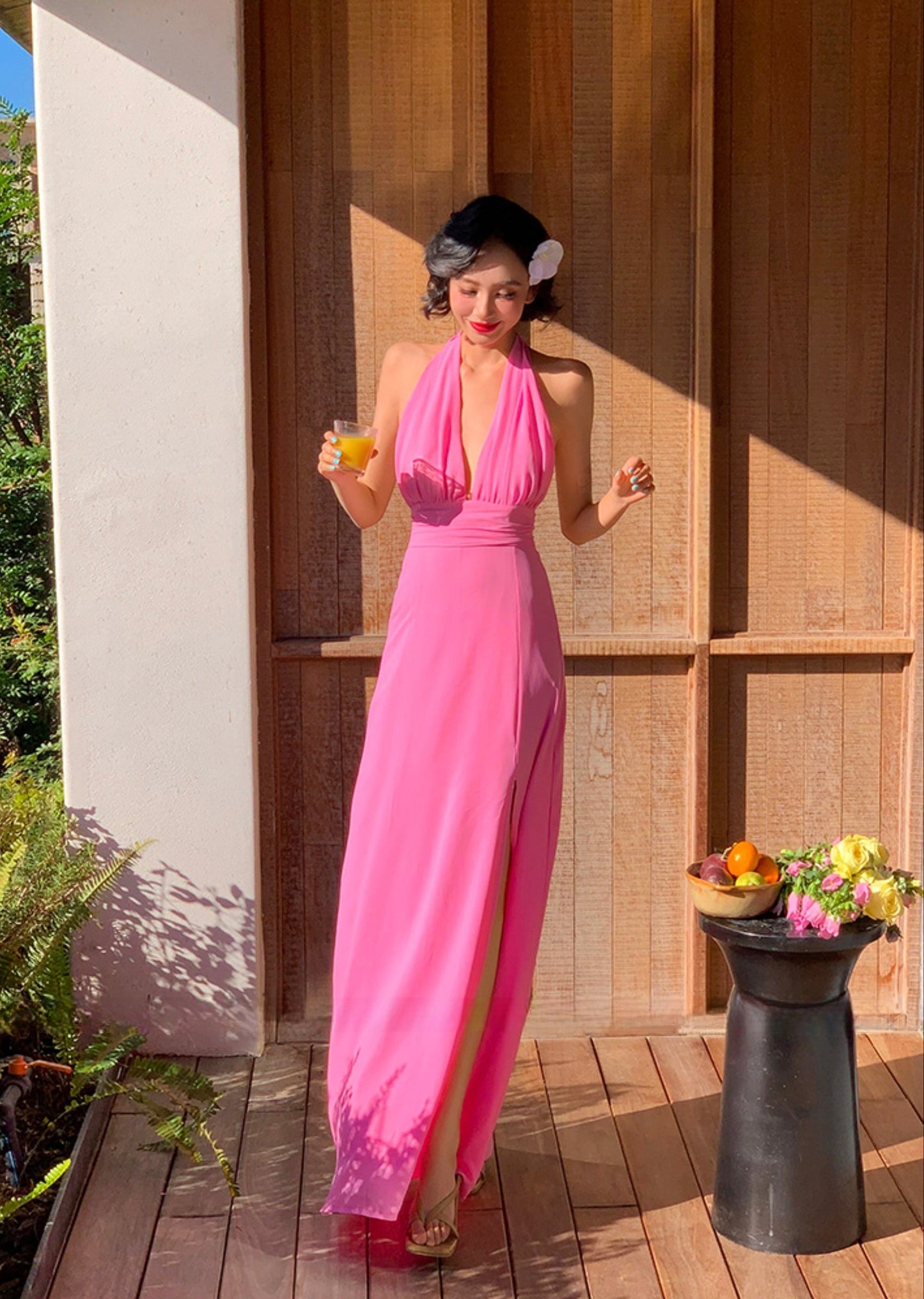 Pink Ruched Halter Maxi Dress _ Soft & Feminine Summer Look