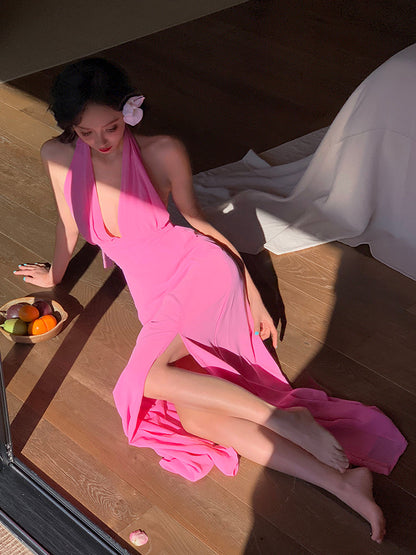 Pink Ruched Halter Maxi Dress _ Soft & Feminine Summer Look