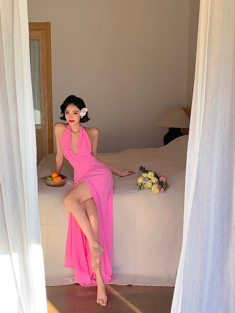 Pink Ruched Halter Maxi Dress _ Soft & Feminine Summer Look
