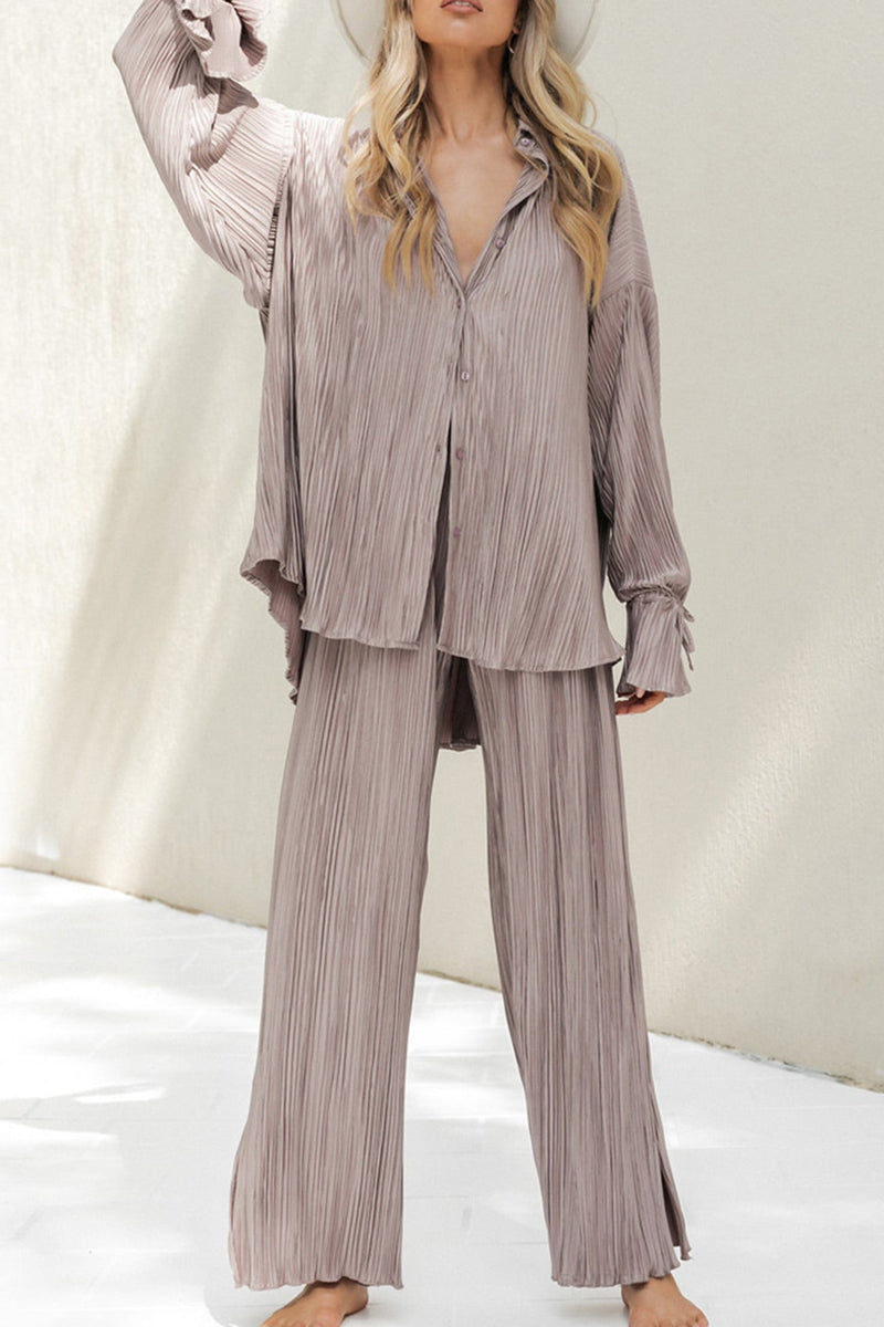 Pleated Blouse Slit Long Pants Set