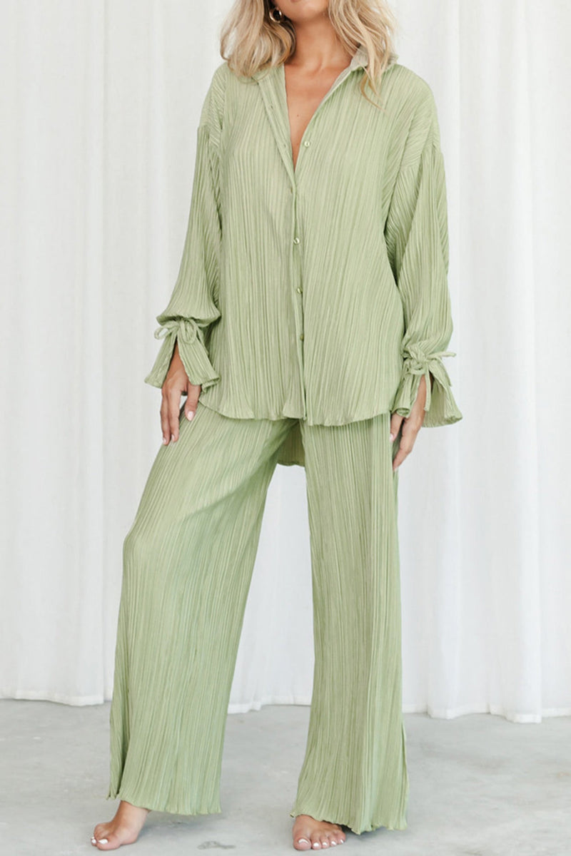 Pleated Blouse Slit Long Pants Set
