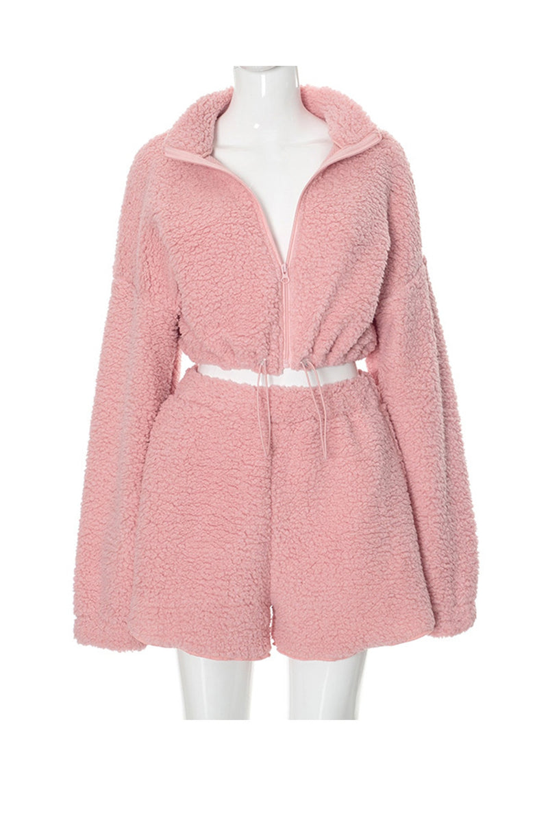 Plush Drawstring Crop Hoodie Shorts Set