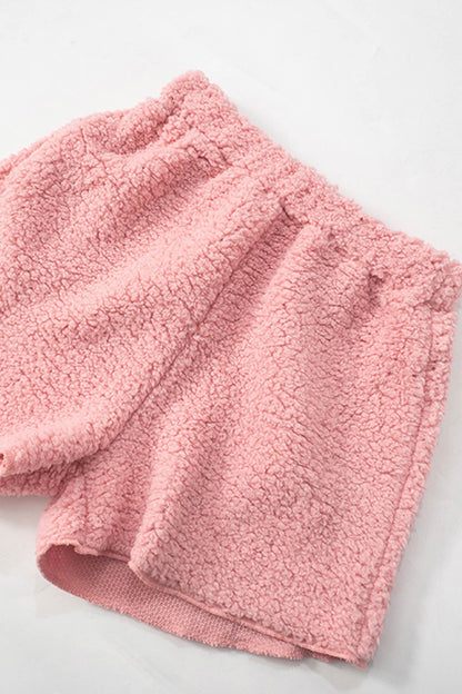 Plush Drawstring Crop Hoodie Shorts Set