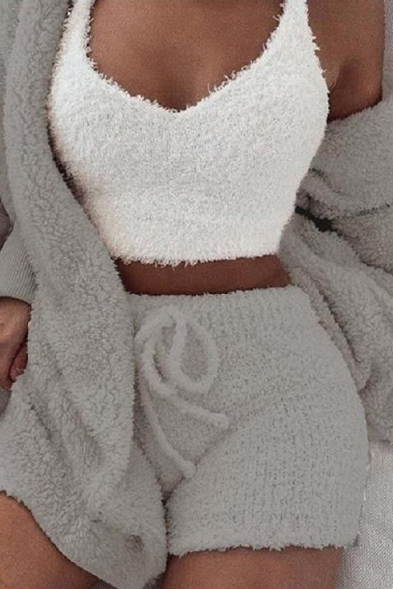 Plush Open-front Hoodie Vest Three Piece Shorts Set