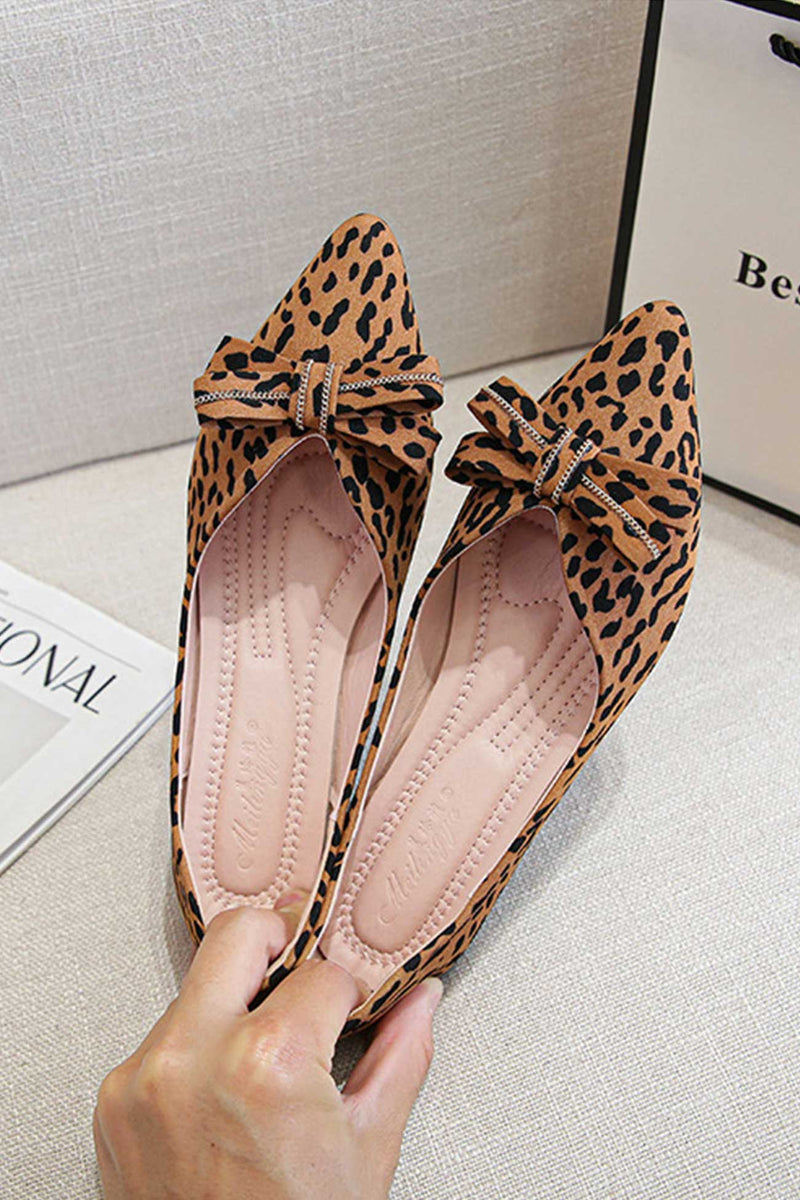 Pointed Toe Leopard Print Bow Flats