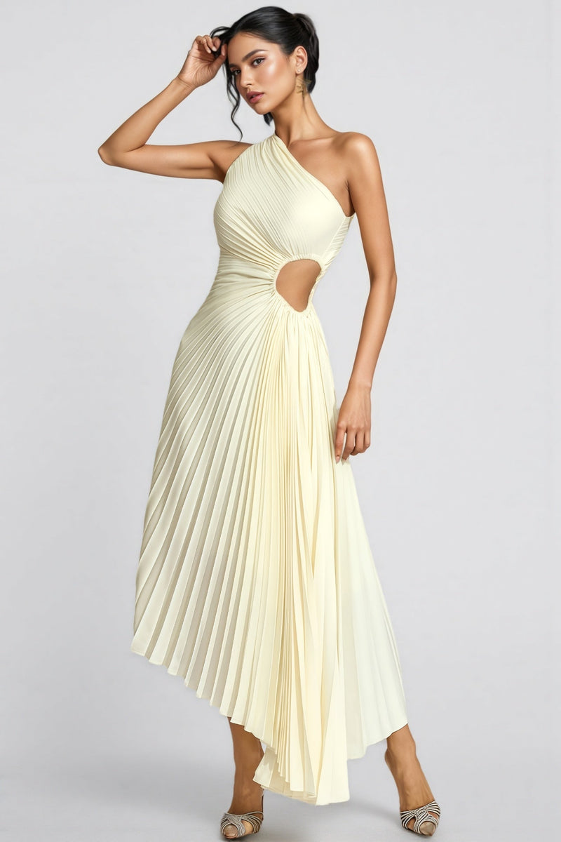 Symons Beige One Shoulder Pleated Maxi Dress