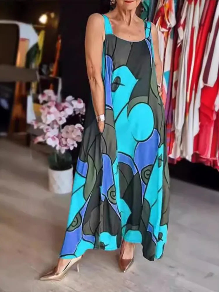 Print Spaghetti Strap Dresses Pocket Loose Long Dress Lady Commuting Clothing Maxi Vestidos Summer New