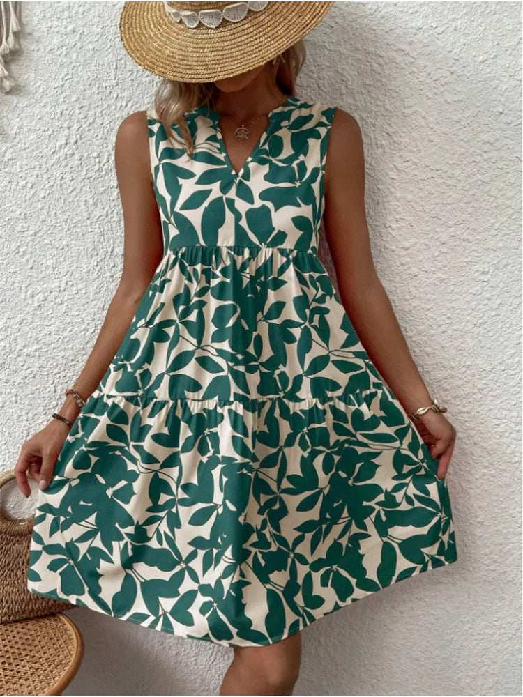 Print V Neck Woman Beach Knee-length Midi Dresses