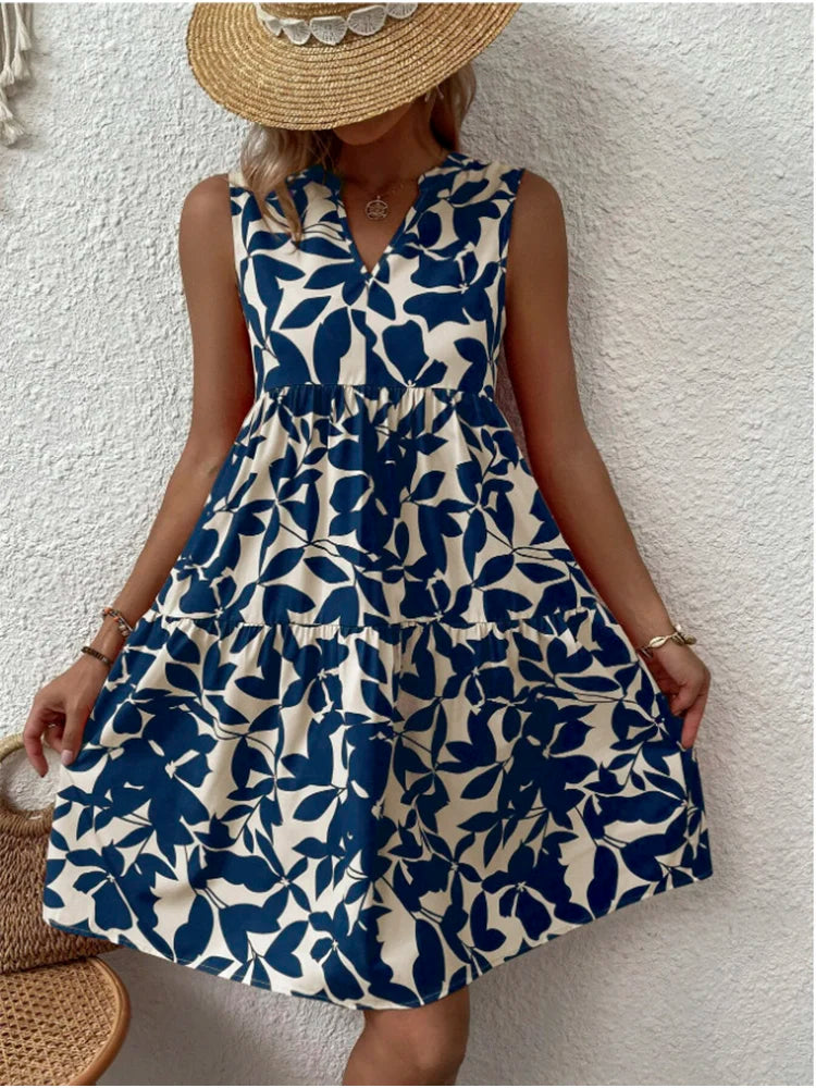 Print V Neck Woman Beach Knee-length Midi Dresses