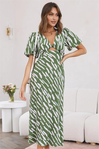 Print Puff Sleeve V-neck Cut-out Slit Midi Dress