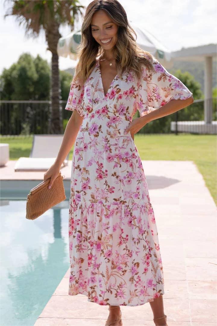 V-neck Mid Sleeve Midi Dress