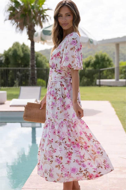 V-neck Mid Sleeve Midi Dress