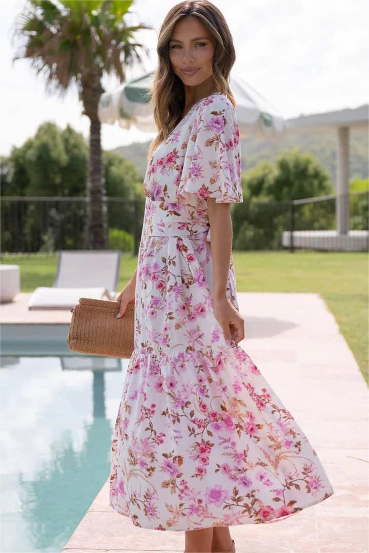 V-neck Mid Sleeve Midi Dress