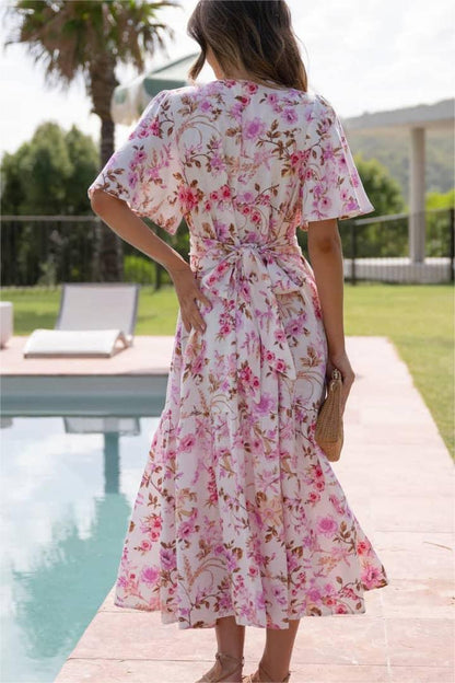 V-neck Mid Sleeve Midi Dress