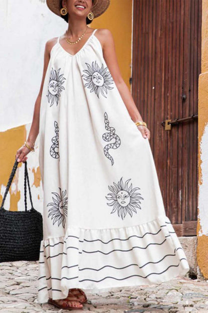 Printed Spaghetti Straps Backless Maxi Dress