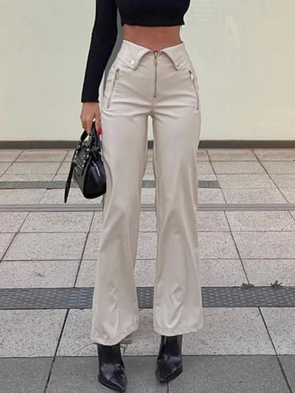 Pu Leather Zipper Soft Straight Leg Y2k High Waist Pants