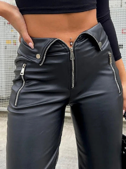 Pu Leather Zipper Soft Straight Leg Y2k High Waist Pants