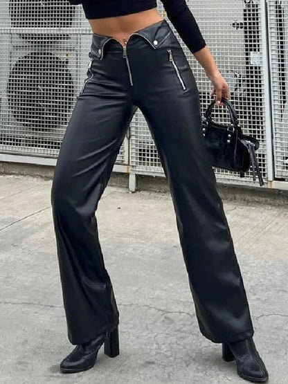 Pu Leather Zipper Soft Straight Leg Y2k High Waist Pants