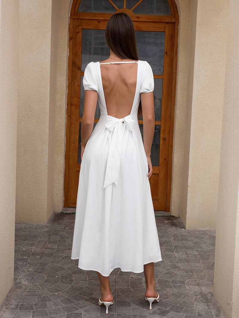 Puff Sleeve Backless Bow Tie Pocket Long Dress