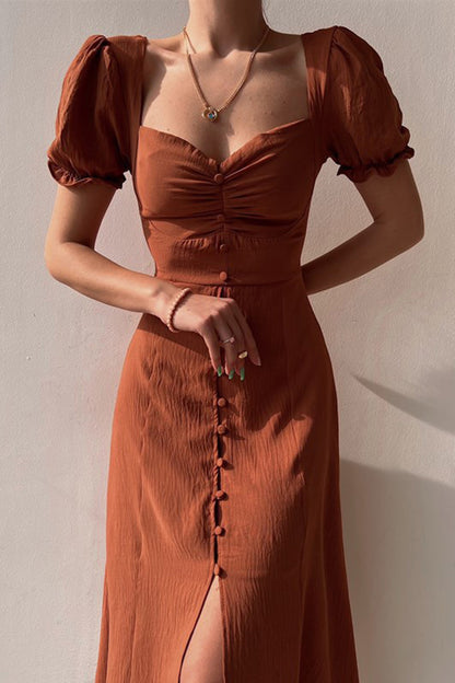 Puff Sleeve Single-breasted Midi Dress
