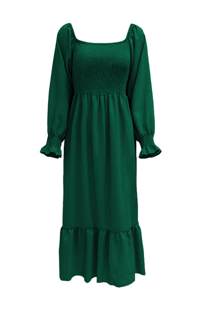 Puff Sleeve Smocked Ruffle Midi Dress