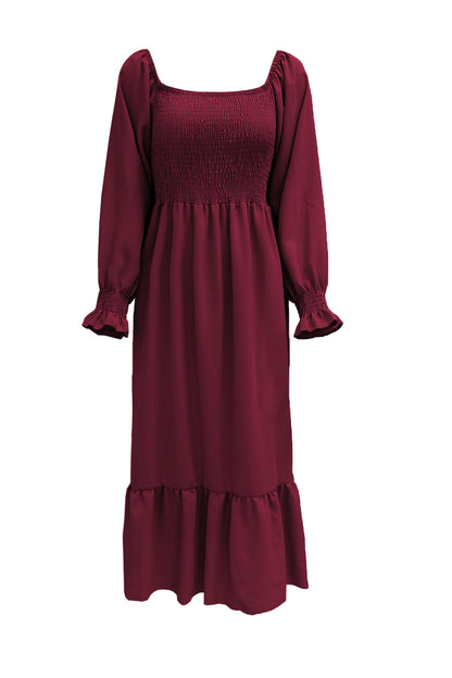 Puff Sleeve Smocked Ruffle Midi Dress
