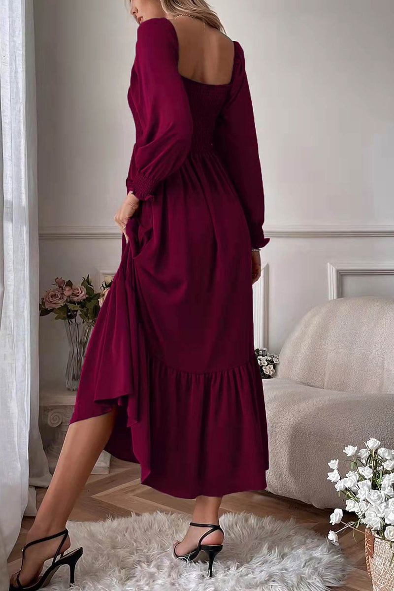 Puff Sleeve Smocked Ruffle Midi Dress