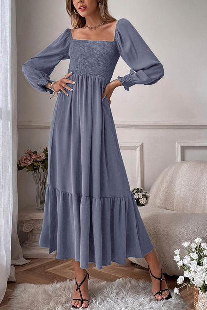 Puff Sleeve Smocked Ruffle Midi Dress