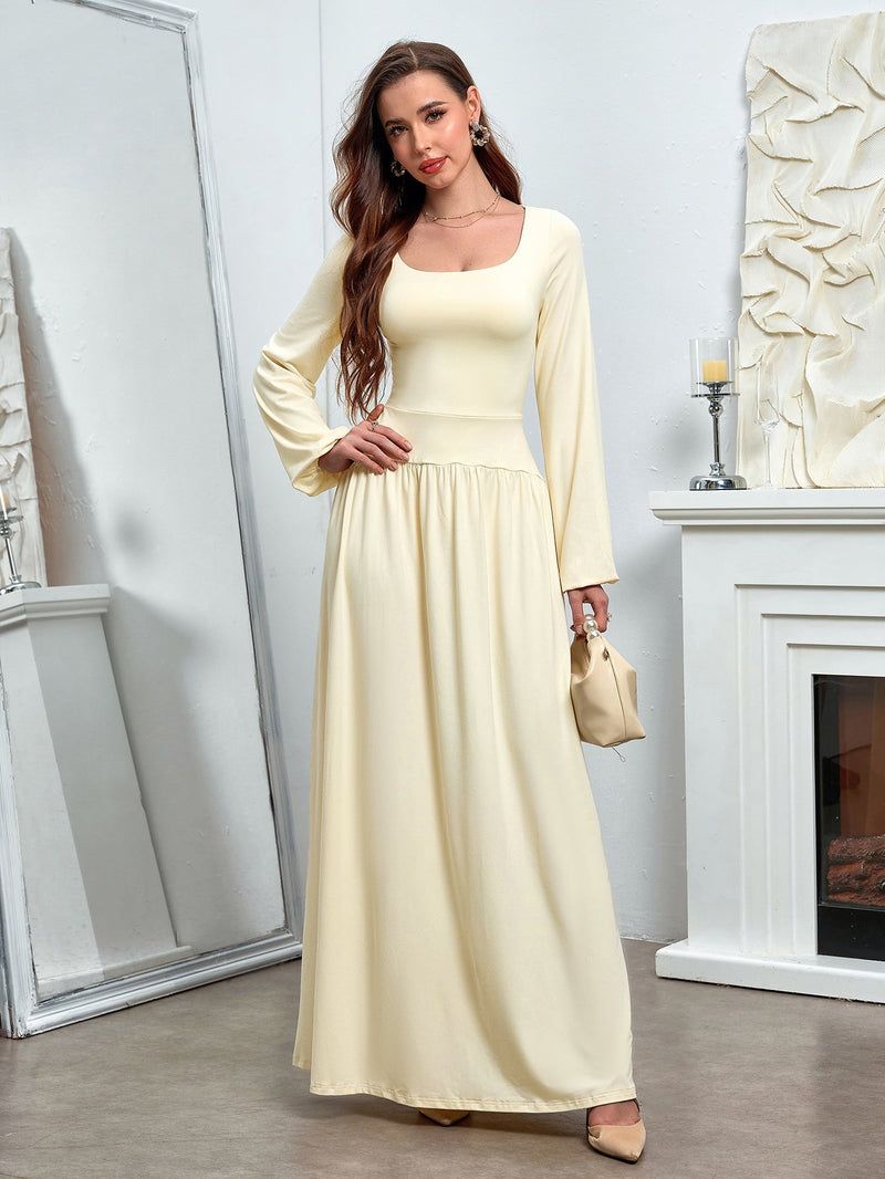Puff Sleeve Square Neck Flared Bodycon Long Dress