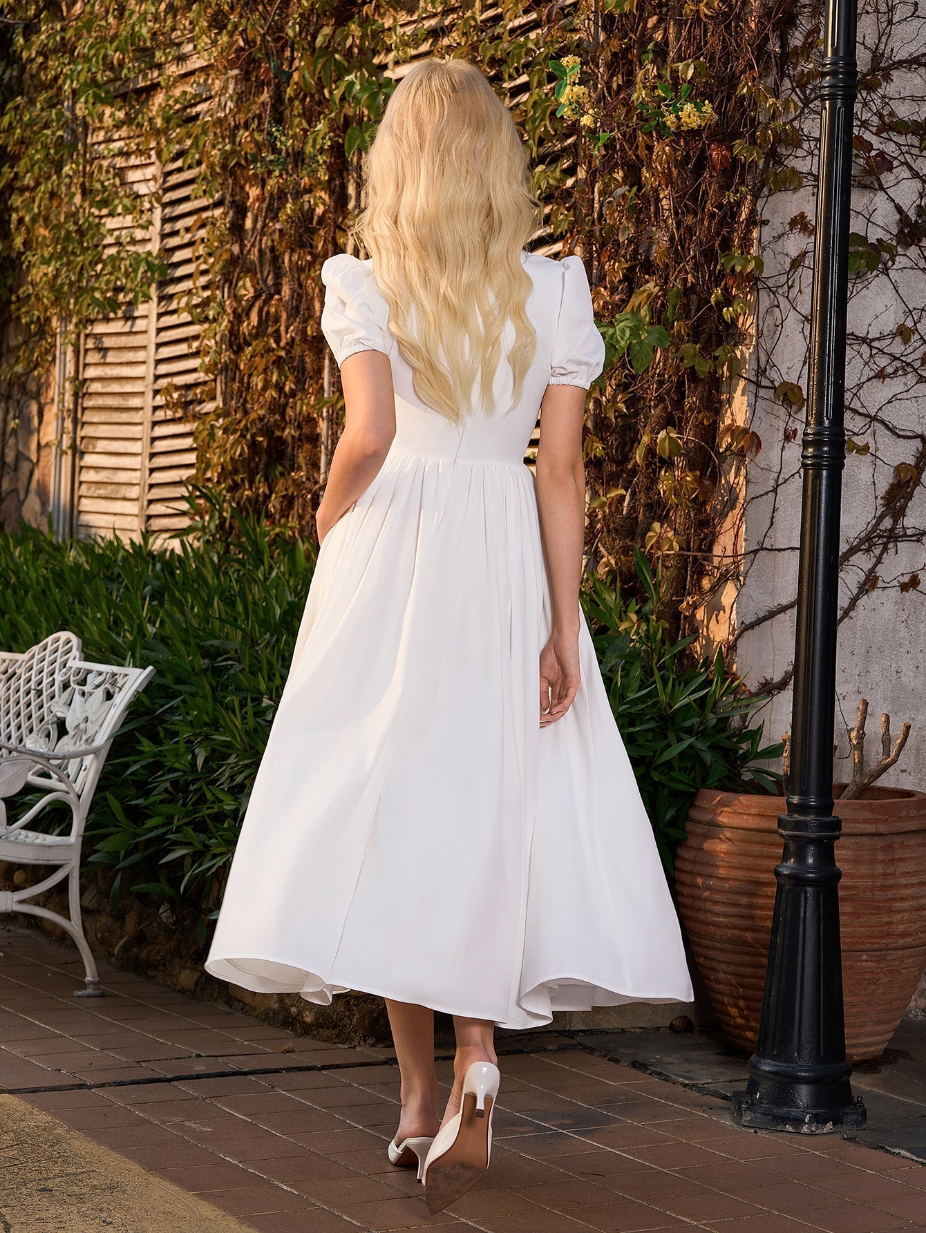 Puff Sleeve V-neck Pleat Pocket Long Dress