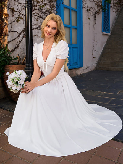 Puff Sleeve V-neck Pleat Pocket Long Dress