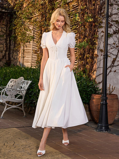 Puff Sleeve V-neck Pleat Pocket Long Dress