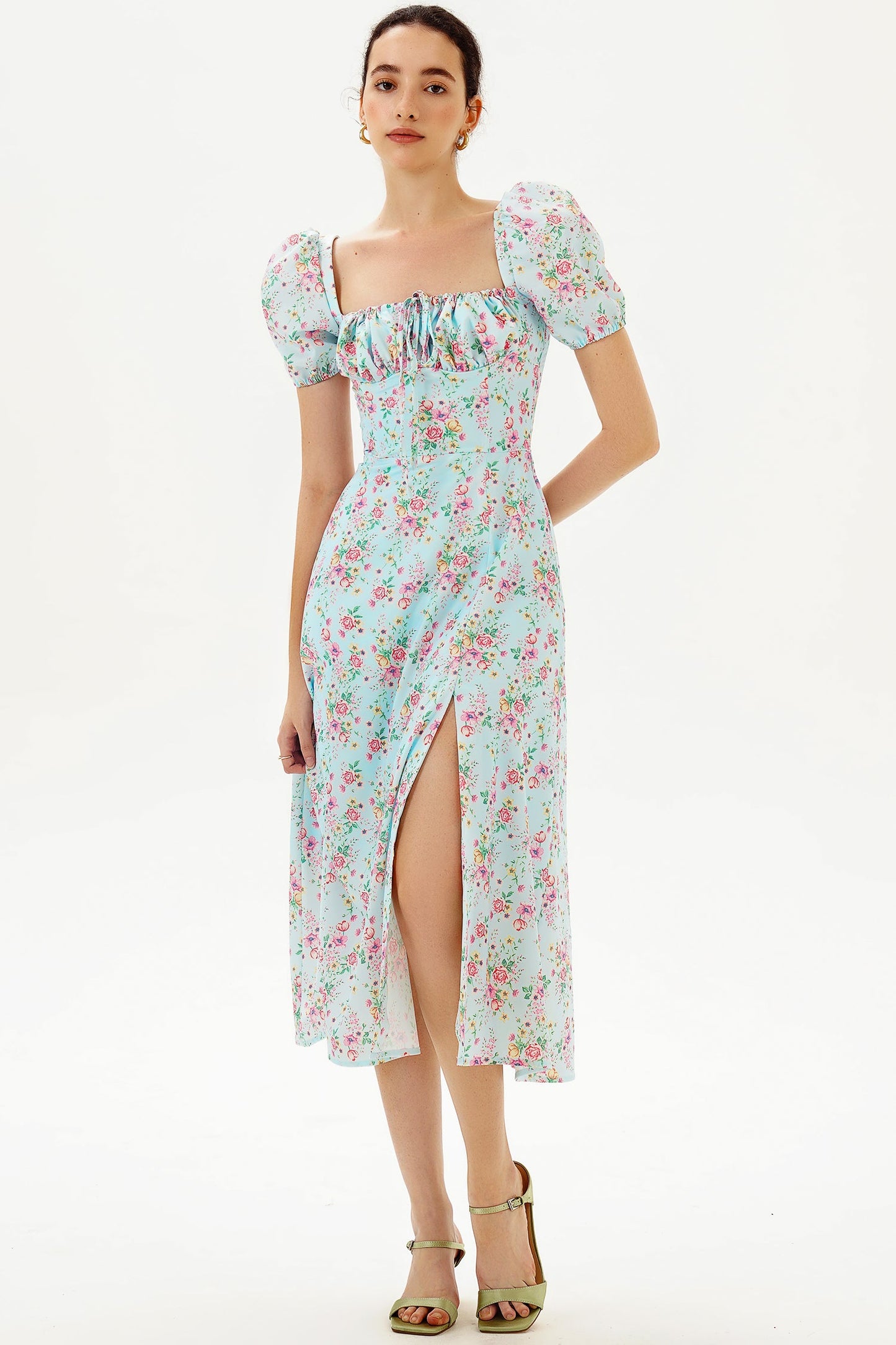 Puff Sleeve Square Neck Slit Midi Dress