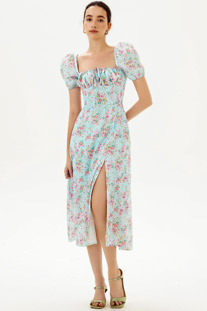 Puff Sleeve Square Neck Slit Midi Dress