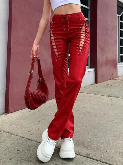 Punk Y2k Bandage Faux Leather Cyber Grunge Fairycore Patchwork Slim Pants