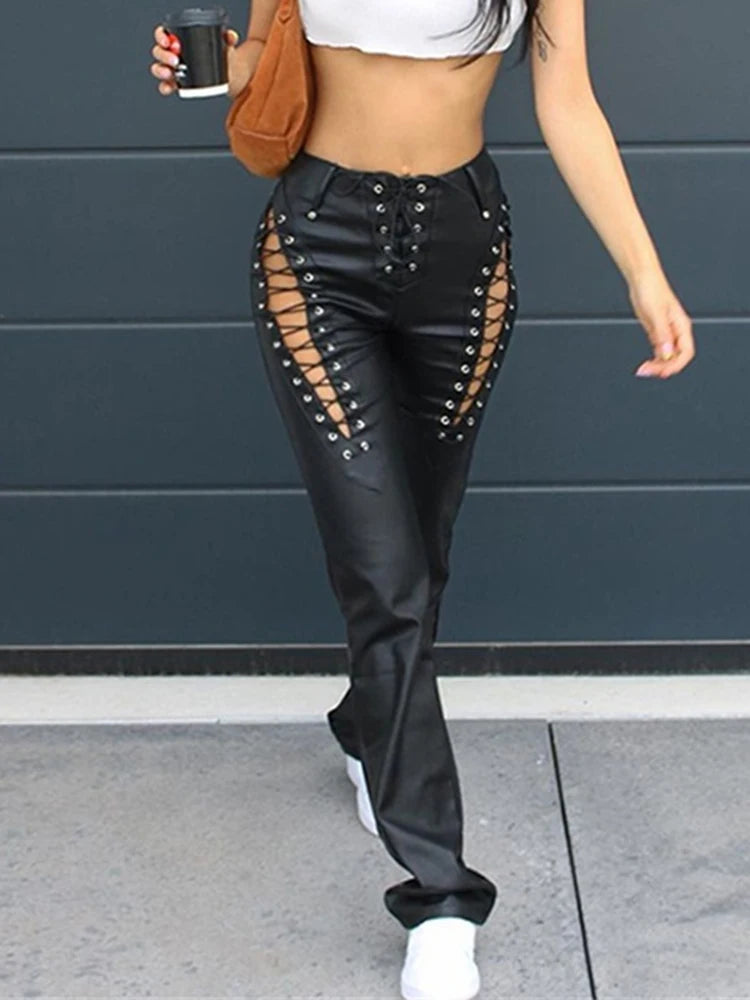 Punk Y2k Bandage Faux Leather Cyber Grunge Fairycore Patchwork Slim Pants